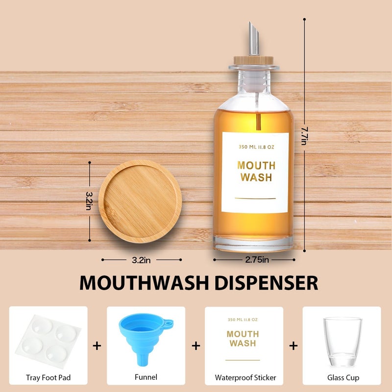 BONLONG 11.8OZ Glass Mouthwash Dispenser for Bathroom with Stainless Steel & Bamboo Nozzle, Mouthwash Cup Reusable, Bamboo Tray, and Elegant Gold Sticker.（Clear - Image 3